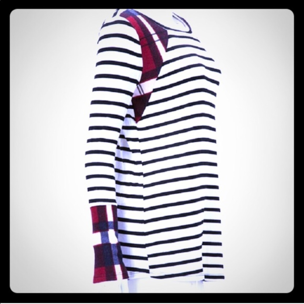 🆕 Striped Long Sleeve Tee with Plaid Contrast - Picture 3 of 6